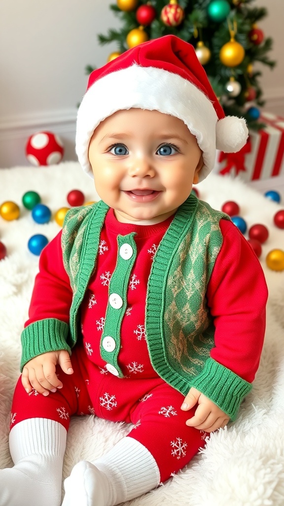 Festive Christmas Outfit for 9-Month-Old A joyful baby in a Christmas outfit with a Santa hat, sitting on a blanket with holiday decorations.